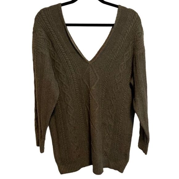 Kerisma- Deep V-Neck Moss Green Oversized Cable Knit Pullover Sweater, Size S/M - Picture 1 of 8
